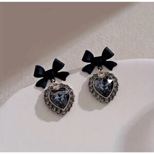 Elegant Black Bow & Heart Stud Crystal Earrings Coquette Punk- 18K Golden Plated